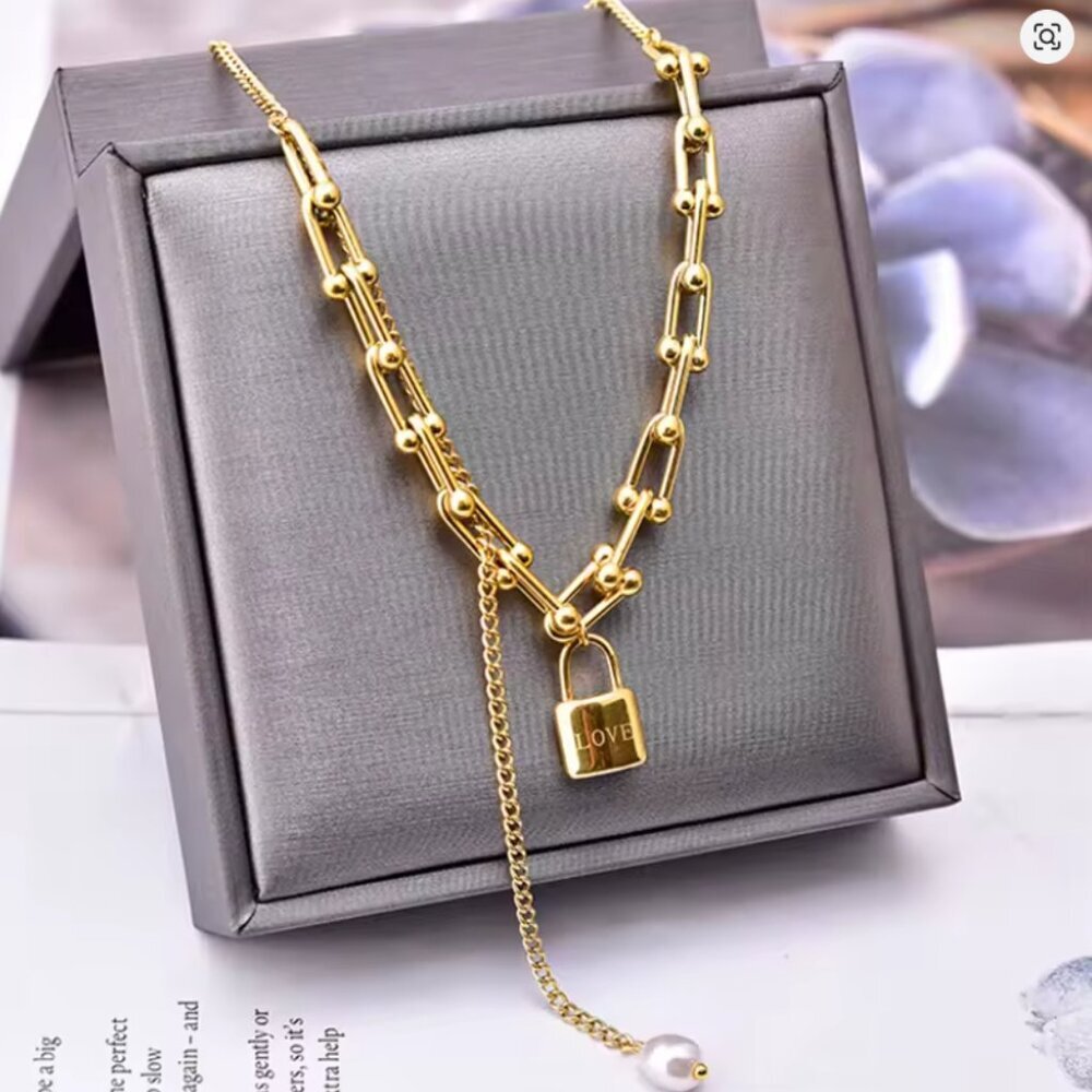 316l Stainless Steel New Fashion Fine Jewelry Lovers Lock U-Shaped Pearl Tassels